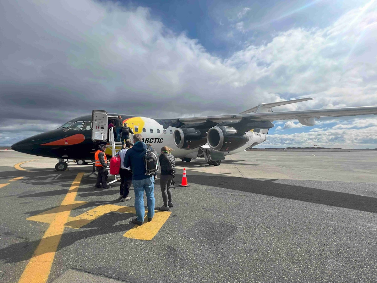 Boarding the charter plane to Antarctica, Jacqui Henderson