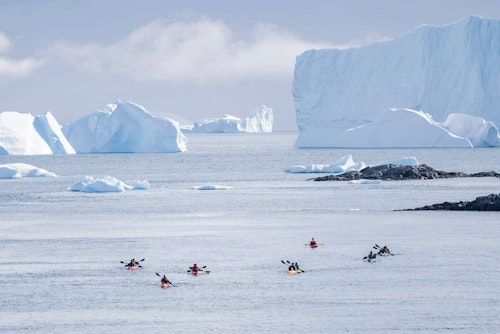 Group of Kayakers on calm waters, Antarctica, Lina Stock Divergent Travelers